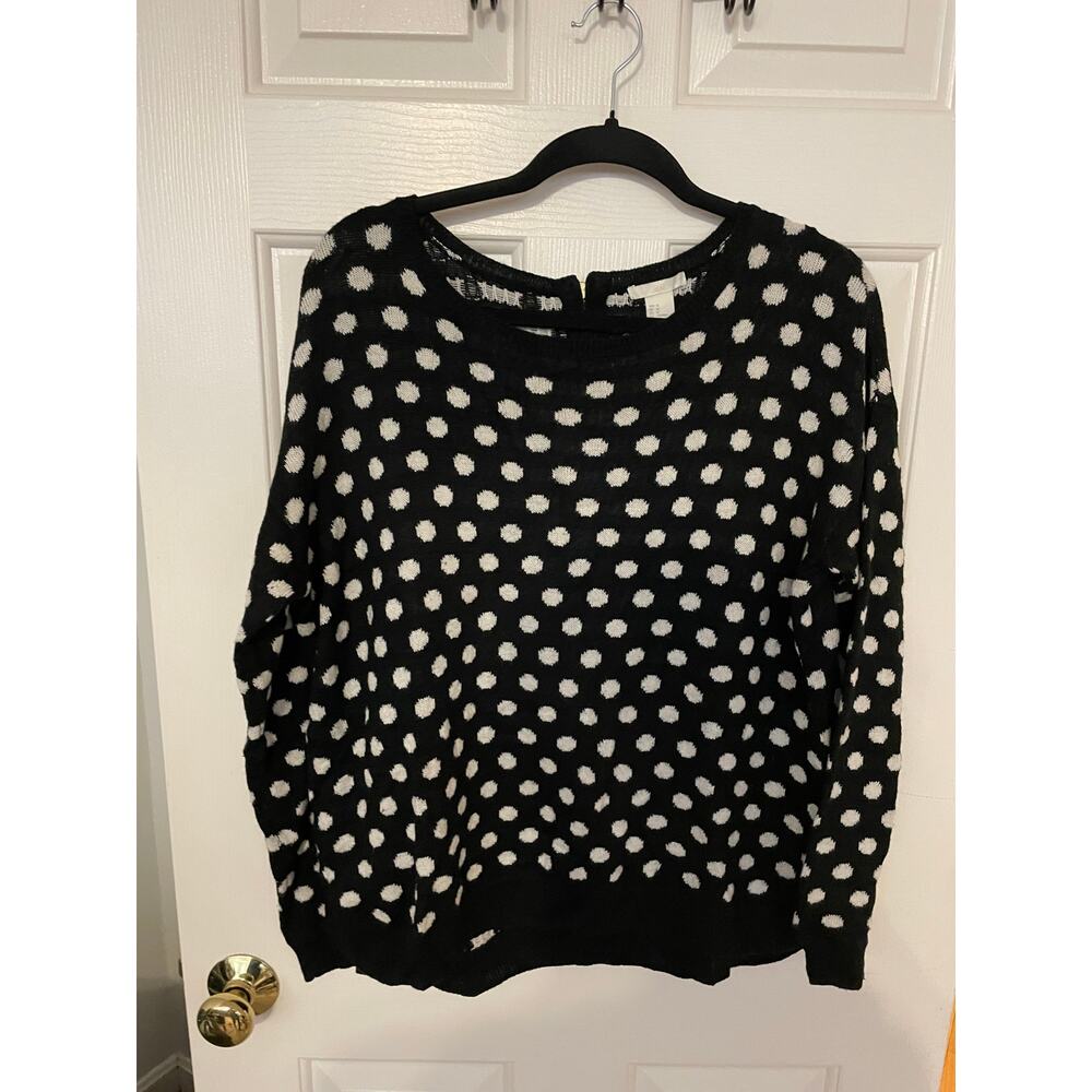 H&M Womens Medium Sweater Black and White Polka Dot Long Sleeve Back 1/4 Zipper